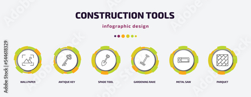 construction tools infographic template with icons and 6 step or option. construction tools icons such as wallpaper, antique key, spade tool, gardening rake, metal saw, parquet vector. can be used