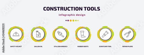 construction tools infographic template with icons and 6 step or option. construction tools icons such as safety helmet, gallon oil, stillson wrench, rubber boots, scratcher tool, repair pliers