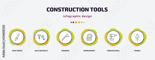 construction tools infographic template with icons and 6 step or option. construction tools icons such as paint brush, nuts and bolts, crowbar, improvement, cordless drill, trowel vector. can be