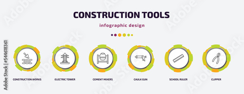 construction tools infographic template with icons and 6 step or option. construction tools icons such as construction works, electric tower, cement mixers, caulk gun, school ruler, clipper vector.