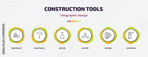 construction tools infographic template with icons and 6 step or option. construction tools icons such as road roller, paint roller, bolster, gas pipe, pantone, blowtorch vector. can be used for