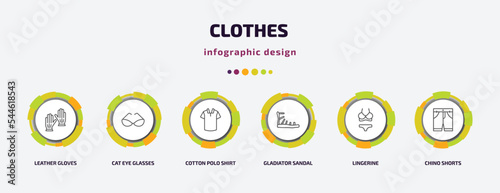 clothes infographic template with icons and 6 step or option. clothes icons such as leather gloves, cat eye glasses, cotton polo shirt, gladiator sandal, lingerine, chino shorts vector. can be used