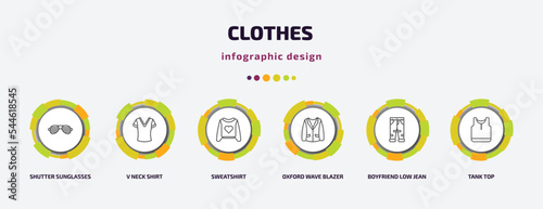 clothes infographic template with icons and 6 step or option. clothes icons such as shutter sunglasses, v neck shirt, sweatshirt, oxford wave blazer, boyfriend low jean, tank top vector. can be used