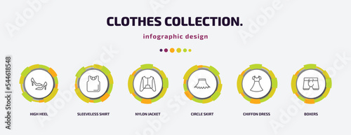 clothes collection. infographic template with icons and 6 step or option. clothes collection. icons such as high heel, sleeveless shirt, nylon jacket, circle skirt, chiffon dress, boxers vector. can