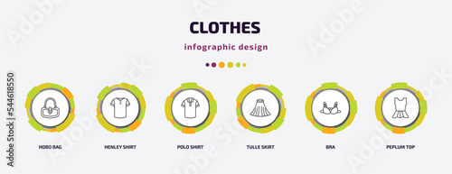 clothes infographic template with icons and 6 step or option. clothes icons such as hobo bag, henley shirt, polo shirt, tulle skirt, bra, peplum top vector. can be used for banner, info graph, web,
