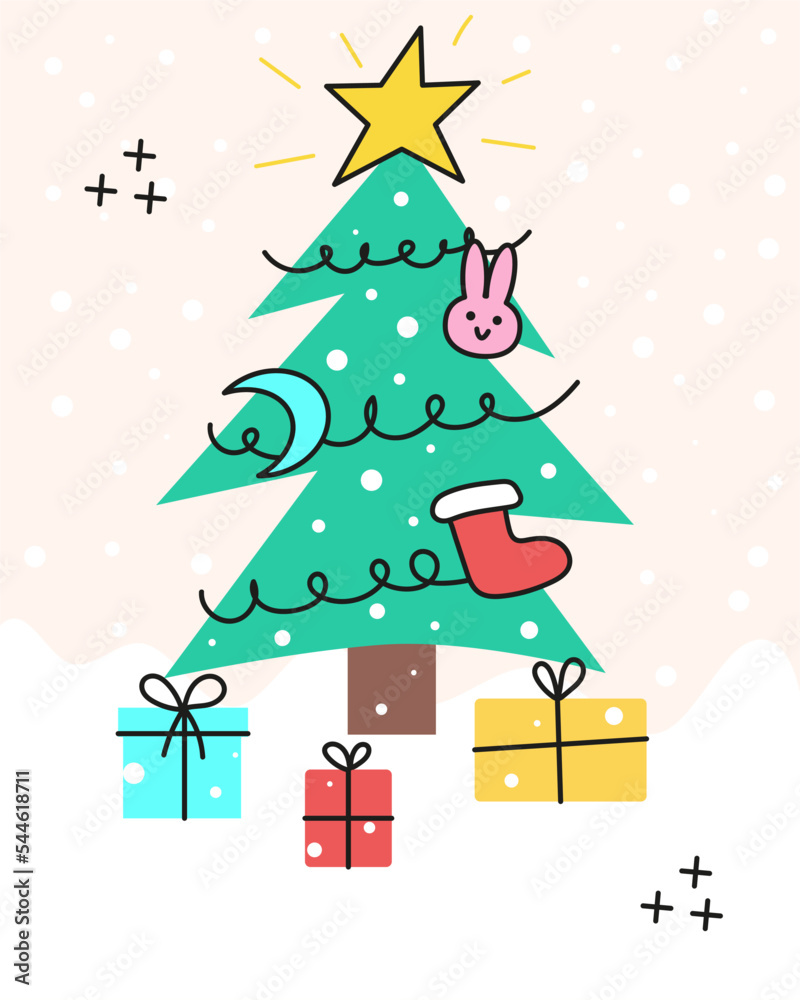 Christmas tree with gifts cute vector illustration isolated on beige background. Kawaii new year illustration. Bunny, moon, Christmas stocking, gifts. 
Rabbit symbol of new year 2023