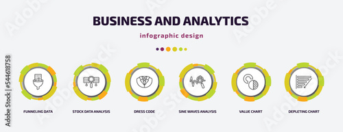 business and analytics infographic template with icons and 6 step or option. business and analytics icons such as funneling data, stock data analysis, dress code, sine waves analysis, value chart,