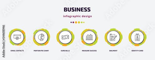business infographic template with icons and 6 step or option. business icons such as email contacts, portion pie chart, euro bills, measure success, bailment, identity card vector. can be used for