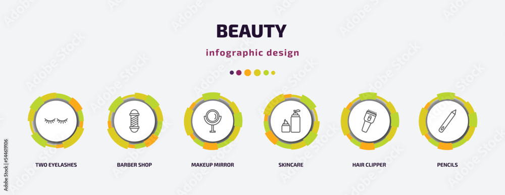 beauty infographic template with icons and 6 step or option. beauty icons such as two eyelashes, barber shop, makeup mirror, skincare, hair clipper, pencils vector. can be used for banner, info beauty infographic template with icons and 6 step or option. beauty icons such as two eyelashes, barber shop, makeup mirror, skincare, hair clipper, pencils vector. can be used for banner, info