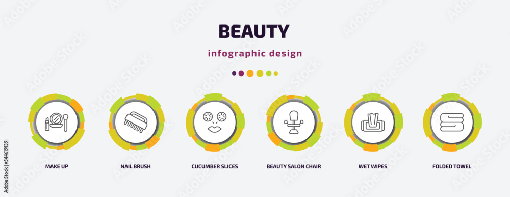 beauty infographic template with icons and 6 step or option. beauty icons such as make up, nail brush, cucumber slices on face, beauty salon chair, wet wipes, folded towel vector. can be used for beauty infographic template with icons and 6 step or option. beauty icons such as make up, nail brush, cucumber slices on face, beauty salon chair, wet wipes, folded towel vector. can be used for