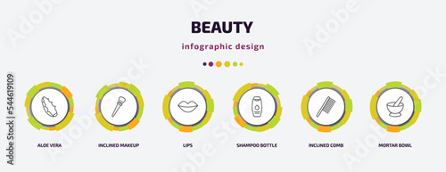 beauty infographic template with icons and 6 step or option. beauty icons such as aloe vera, inclined makeup brush, lips, shampoo bottle, inclined comb, mortar bowl vector. can be used for banner,