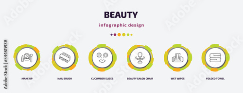 beauty infographic template with icons and 6 step or option. beauty icons such as make up, nail brush, cucumber slices on face, beauty salon chair, wet wipes, folded towel vector. can be used for