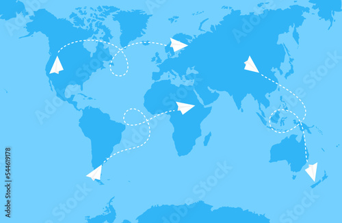 White paper planes and lines of air routes on a blue world map. Flat vector illustration