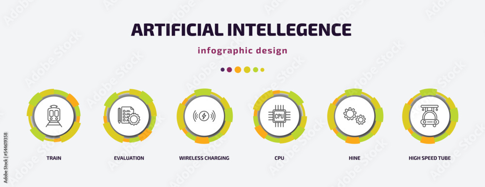 artificial intellegence infographic template with icons and 6 step or option. artificial intellegence icons such as train, evaluation, wireless charging, cpu, hine, high speed tube vector. can be artificial intellegence infographic template with icons and 6 step or option. artificial intellegence icons such as train, evaluation, wireless charging, cpu, hine, high speed tube vector. can be