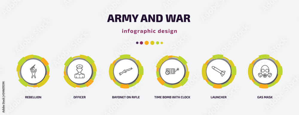 army and war infographic template with icons and 6 step or option. army and war icons such as rebellion, officer, bayonet on rifle, time bomb with clock, launcher, gas mask vector. can be used for army and war infographic template with icons and 6 step or option. army and war icons such as rebellion, officer, bayonet on rifle, time bomb with clock, launcher, gas mask vector. can be used for