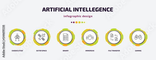 artificial intellegence infographic template with icons and 6 step or option. artificial intellegence icons such as exoskeleton, outer space, binary, immersive, file transfer, gaming vector. can be