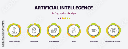 artificial intellegence infographic template with icons and 6 step or option. artificial intellegence icons such as organ printing, humanoid, data transfer, road, smart lens, artificial intelligence
