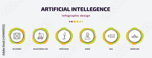 artificial intellegence infographic template with icons and 6 step or option. artificial intellegence icons such as ar camera, solar energy car, prosthesis, nurse, mail, aeroplane vector. can be