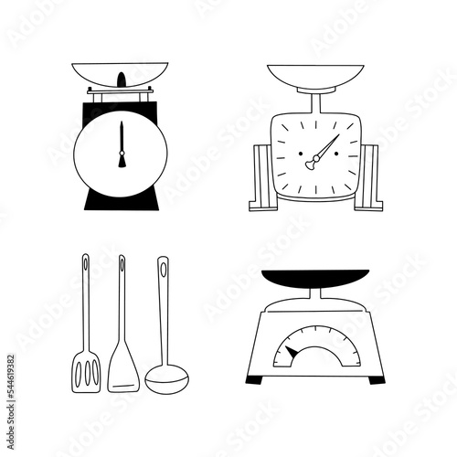 Vector mechanical retro scales. Kitchen scales in a line style. Hand drawn icon set of vintage Kitchen tools. Doodle illustration.