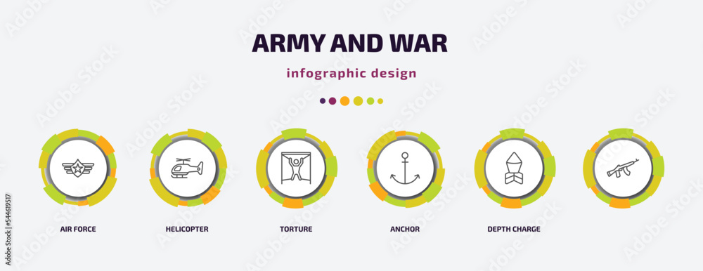 army and war infographic template with icons and 6 step or option. army and war icons such as air force, helicopter, torture, anchor, depth charge, vector. can be used for banner, info graph, web, army and war infographic template with icons and 6 step or option. army and war icons such as air force, helicopter, torture, anchor, depth charge, vector. can be used for banner, info graph, web,