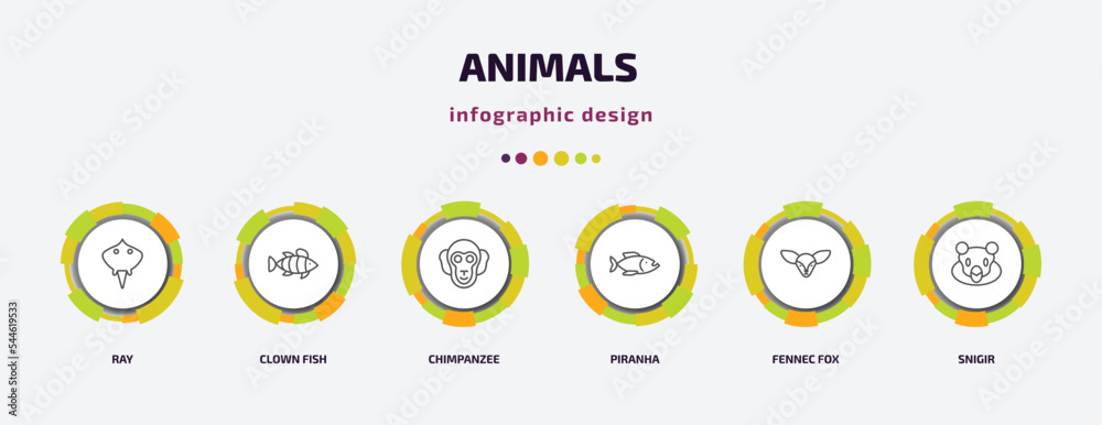 animals infographic template with icons and 6 step or option. animals icons such as ray, clown fish, chimpanzee, piranha, fennec fox, snigir vector. can be used for banner, info graph, web,
