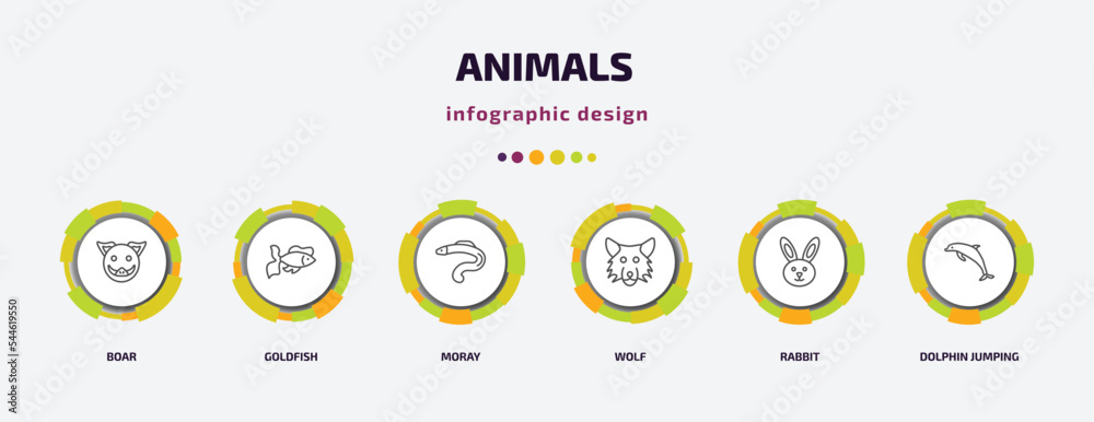 animals infographic template with icons and 6 step or option. animals icons such as boar, goldfish, moray, wolf, rabbit, dolphin jumping vector. can be used for banner, info graph, web, animals infographic template with icons and 6 step or option. animals icons such as boar, goldfish, moray, wolf, rabbit, dolphin jumping vector. can be used for banner, info graph, web,