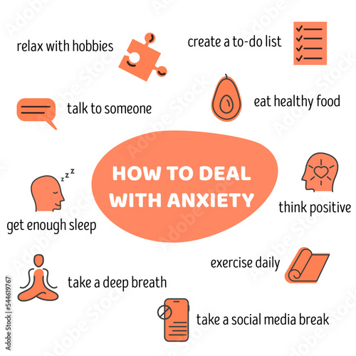 How to deal with anxiety infographic design with colored hand drawn icons. Useful tips and advices for anxiety management. Mental health concept square card or poster. Vector flat style illustration.