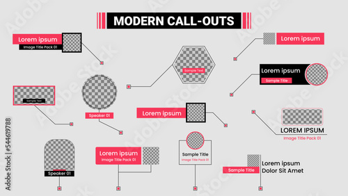 Modern call outs with photo boxes. Digital callout set. Infographic pink layout titles and video, vector design.