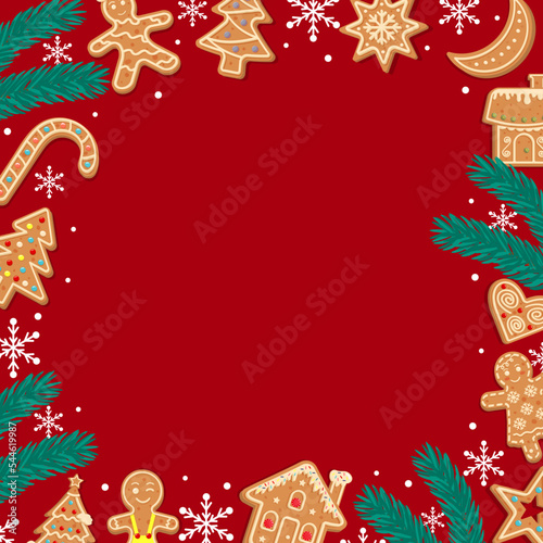 Leinwand Poster Red Christmas gingerbread background
