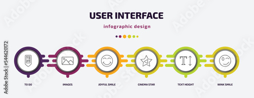 user interface infographic template with icons and 6 step or option. user interface icons such as to do, images, joyful smile, cinema star, text height, wink smile vector. can be used for banner,