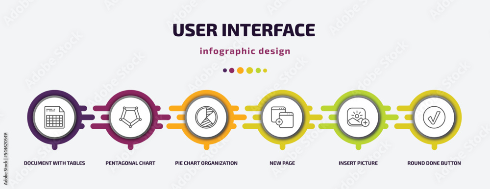 user interface infographic template with icons and 6 step or option. user interface icons such as document with tables, pentagonal chart, pie chart organization, new page, insert picture, round done user interface infographic template with icons and 6 step or option. user interface icons such as document with tables, pentagonal chart, pie chart organization, new page, insert picture, round done