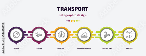 transport infographic template with icons and 6 step or option. transport icons such as repair, flights, gearshift, sailing boat with veils, car painting, chassis vector. can be used for banner,