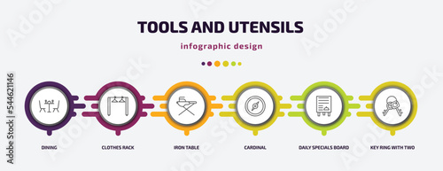 tools and utensils infographic template with icons and 6 step or option. tools and utensils icons such as dining, clothes rack, iron table, cardinal, daily specials board, key ring with two keys