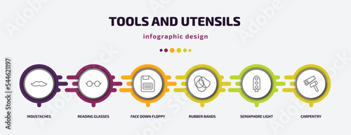 tools and utensils infographic template with icons and 6 step or option. tools and utensils icons such as moustaches, reading glasses, face down floppy disk, rubber bands, semaphore light, carpentry