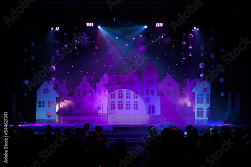 scene, stage light with colored spotlights and smoke