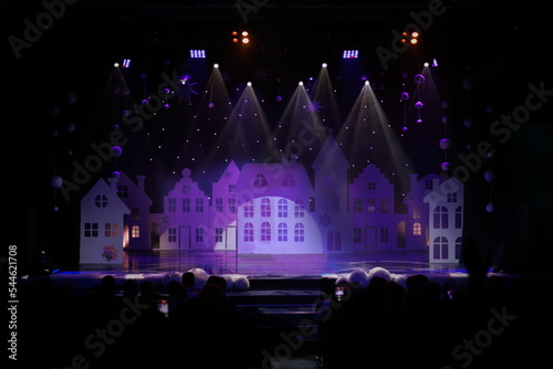Theatrical scene without actors  scenic colorful light and smoke