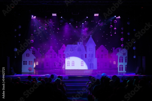 Theatrical scene without actors, scenic colorful light and smoke
