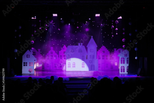 Theatrical scene without actors, scenic colorful light and smoke