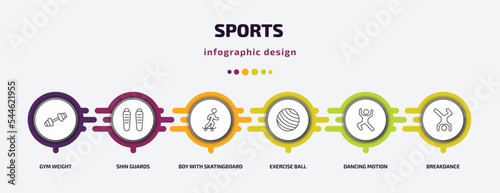 sports infographic template with icons and 6 step or option. sports icons such as gym weight, shin guards, boy with skatingboard, exercise ball, dancing motion, breakdance vector. can be used for