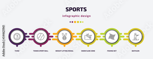 sports infographic template with icons and 6 step or option. sports icons such as third, tennis sport ball, weight lifting medal, snow slide zone, fishing net, biathlon vector. can be used for