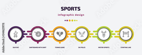 sports infographic template with icons and 6 step or option. sports icons such as skating, dartboard with dart, tennis game, ski poles, motor sports, starting line vector. can be used for banner,