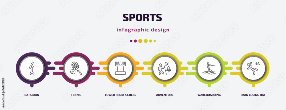 sports infographic template with icons and 6 step or option. sports icons such as bats man, tennis, tower from a chess, adventure, wakeboarding, man losing hat vector. can be used for banner, info sports infographic template with icons and 6 step or option. sports icons such as bats man, tennis, tower from a chess, adventure, wakeboarding, man losing hat vector. can be used for banner, info