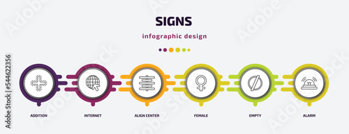 signs infographic template with icons and 6 step or option. signs icons such as addition, internet, align center, female, empty, alarm vector. can be used for banner, info graph, web, presentations.