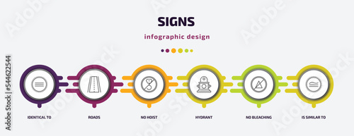 signs infographic template with icons and 6 step or option. signs icons such as identical to, roads, no hoist, hydrant, no bleaching, is similar to vector. can be used for banner, info graph, web,