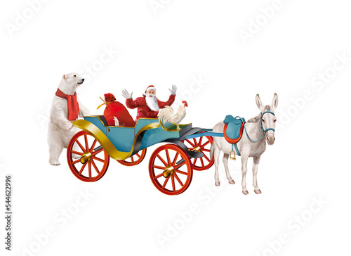calèche, chariot, père noël, roue, millésime, âne, renne, carrosse, ours blanc, bleu, blanc, rouge, français, fête, cadeau photo