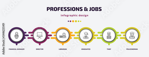 professions & jobs infographic template with icons and 6 step or option. professions & jobs icons such as financial manager, director, librarian, graduated, thief, policewoman vector. can be used