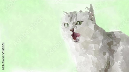 Watercolor art video of a gray cat with green eyes. Animation, rotoscope, animal world, cat, watercolor painting photo