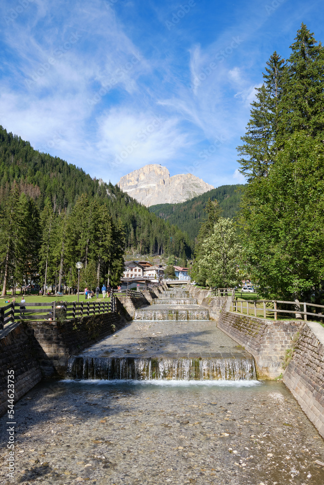View of city of Canazei. Its a comune (municipality) in Trentino in the northern Italian region Trentino-Alto Adige/Sudtirol.