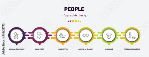 people infographic template with icons and 6 step or option. people icons such as scholar girl front, gangsters, landkeeper, couple of glasses, knocking, person mowing the grass vector. can be used