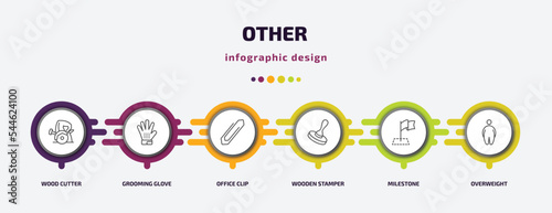 other infographic template with icons and 6 step or option. other icons such as wood cutter, grooming glove, office clip, wooden stamper, milestone, overweight vector. can be used for banner, info